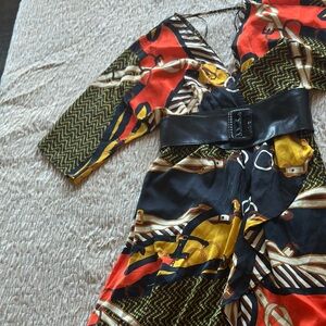 Colorful Belted Dress with Abstract Print